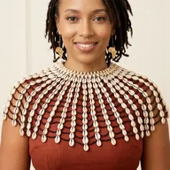 Woman wearing a beaded cowrie shell collar necklace and brass Africa earrings